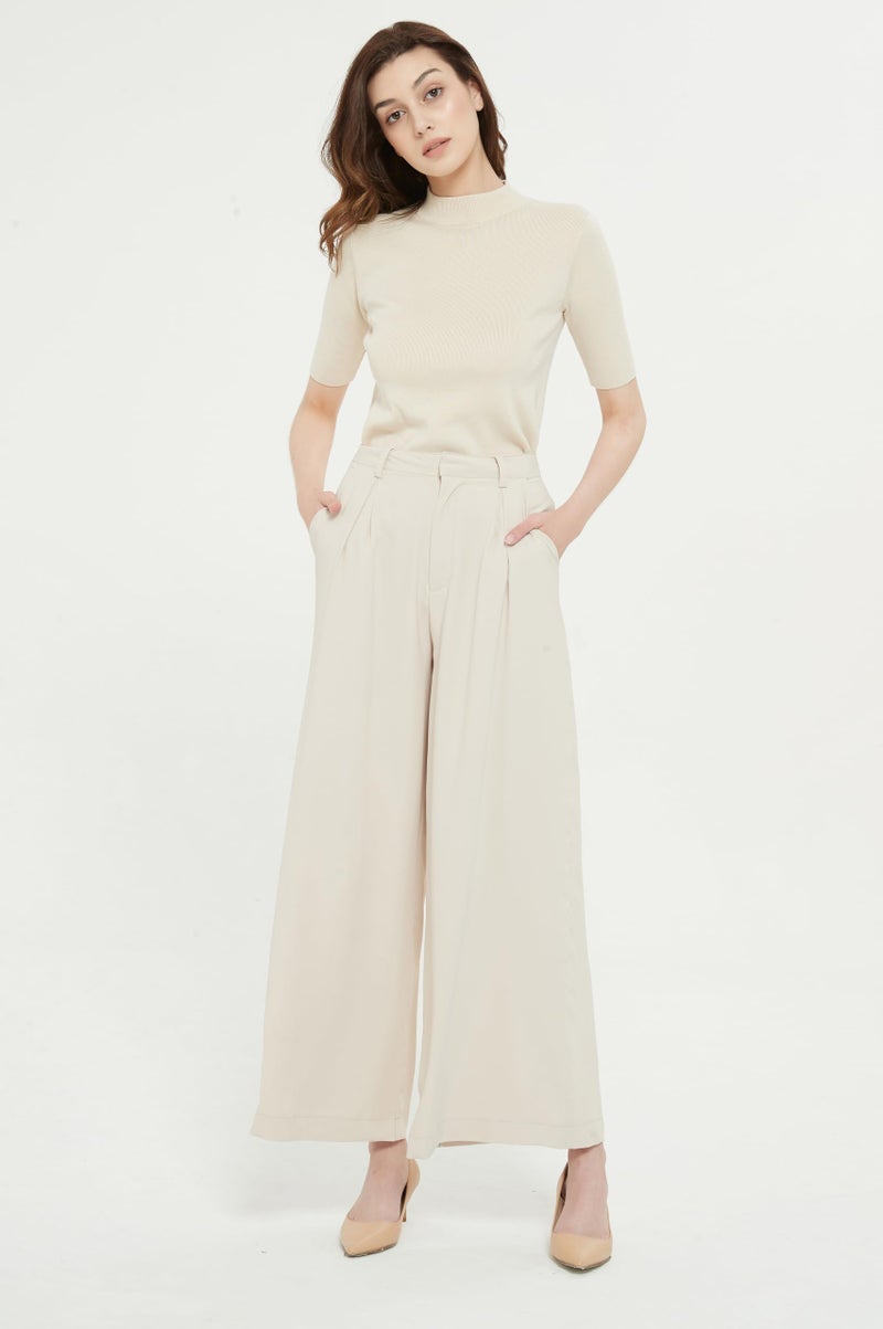 Tronjori Women High Waist Casual Wide Leg Long Palazzo Pants Trousers Regular Size(XS,Summer Beige) - Image 4